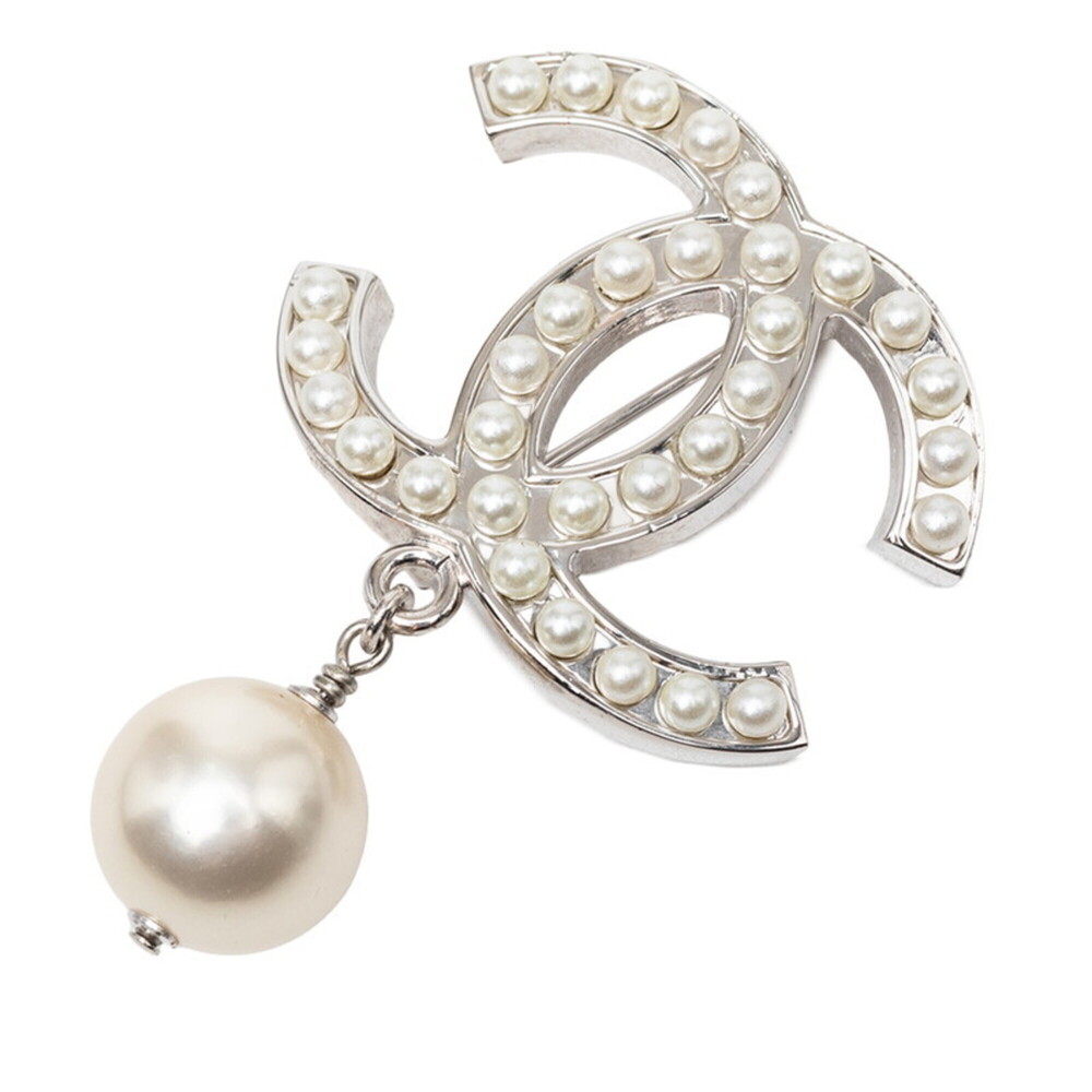CHANEL Silver Pearl Logo Brooch